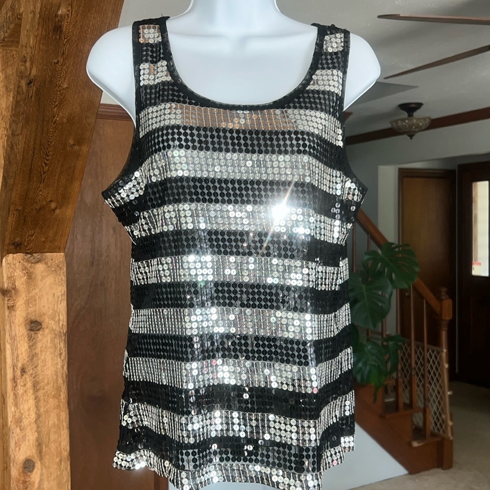 American Rag Sequin Black & Silver Sequin Sheer Tank Shirt Size Large